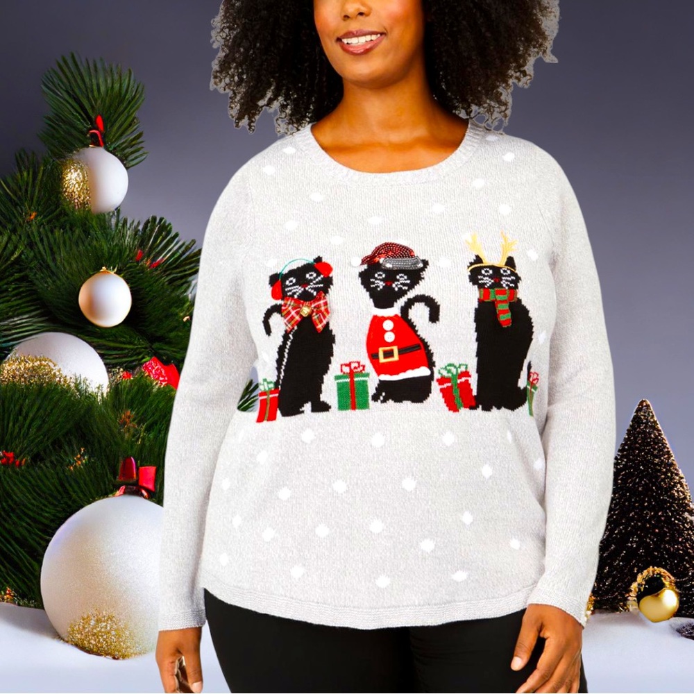 NWT Karen Scott Plus Size Adorable & Blingy Meowy Cat Christmas Holiday Sweater